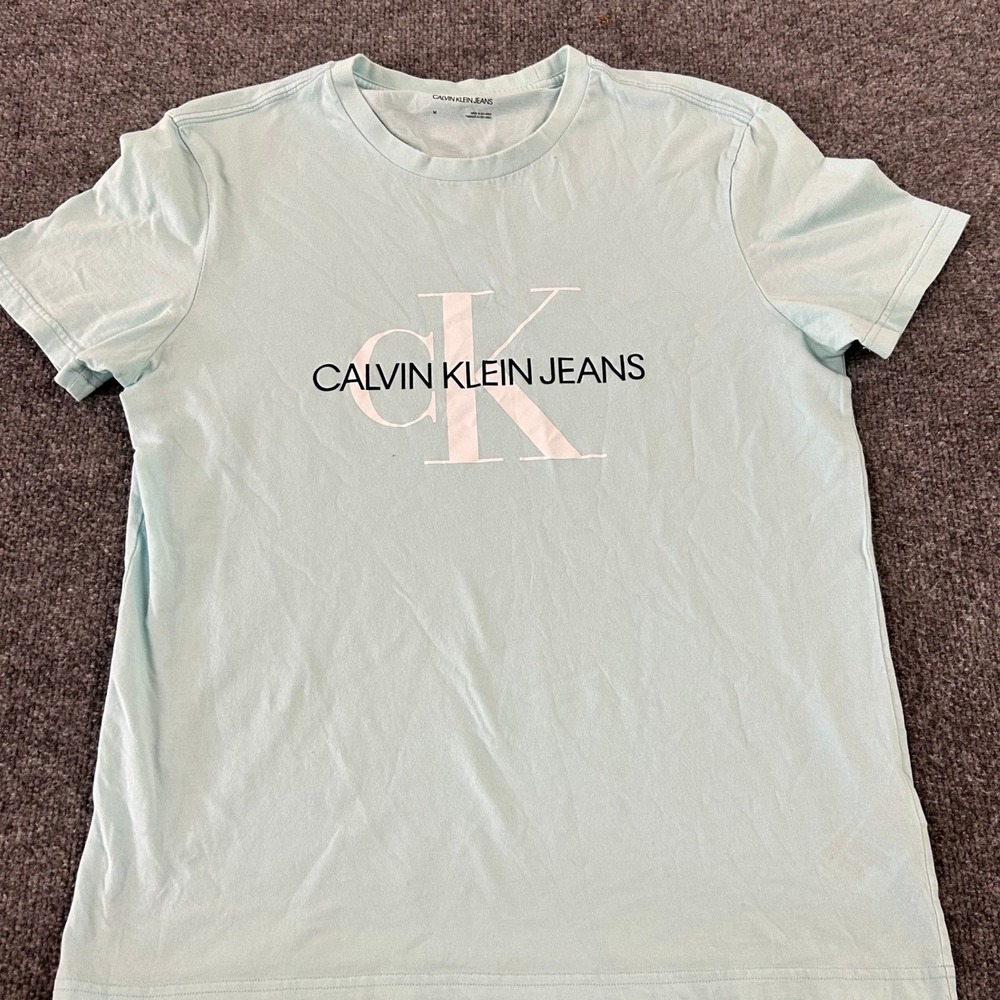 Calvin Klein Jeans T-Shirt Mens Size M Light Blue Graphic Crew Neck Short Slv